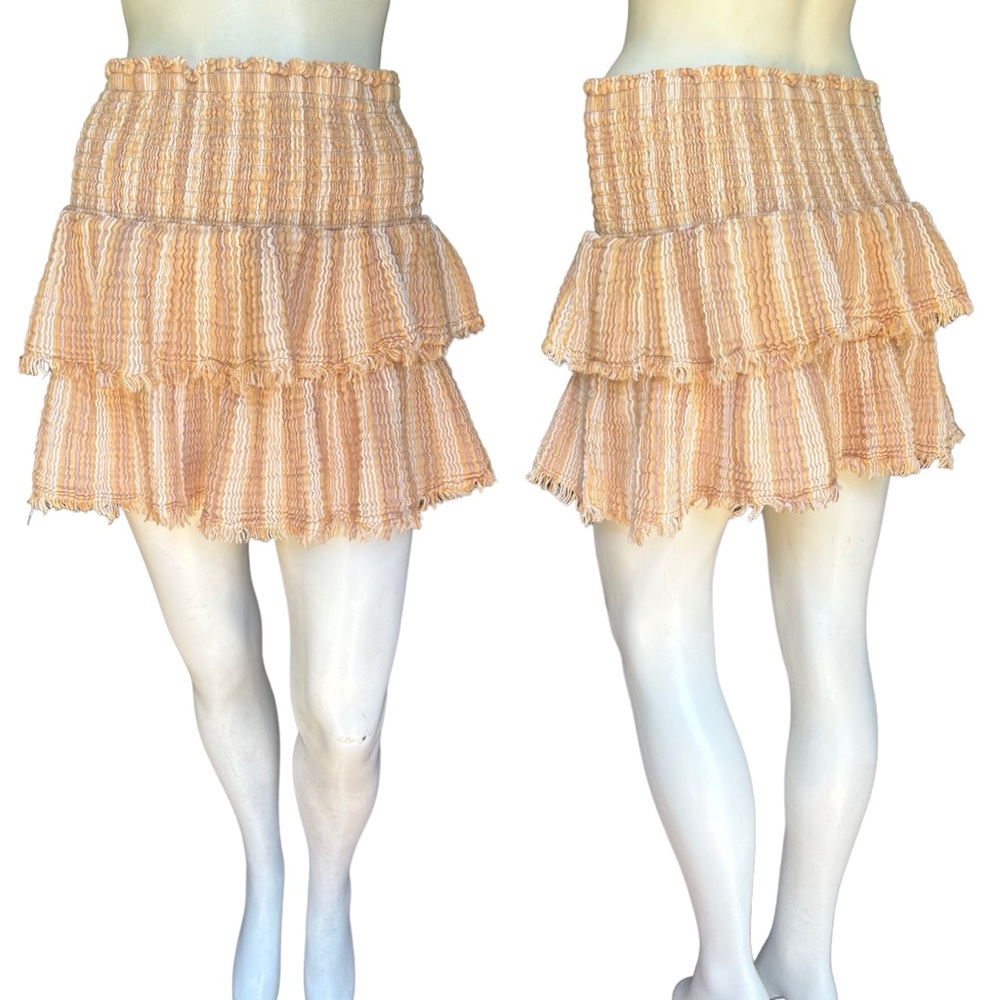 Aerie Muslin Cotton Tan & Brown Neutral Tiered Fringe Mini Skirt Size Large